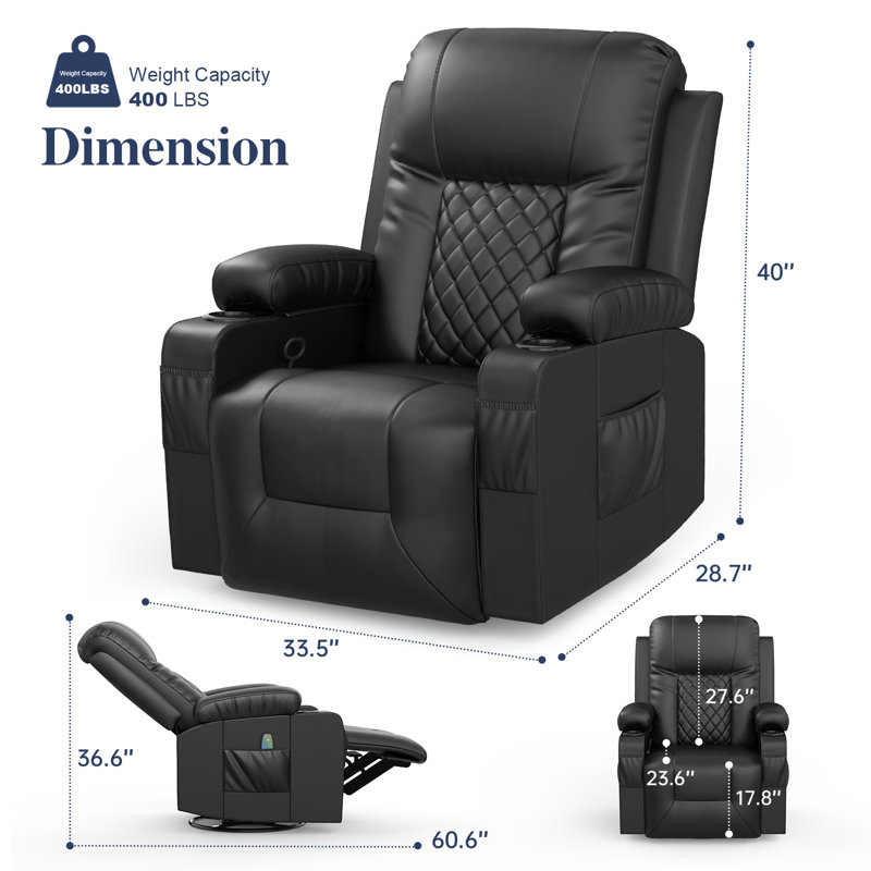 Lannah Faux Leather Recliner Massage Chair, Swivel Rocker Recliner with 360° Rotate & 125°  Reclining Rocking Chair With Two Cup Holders for home