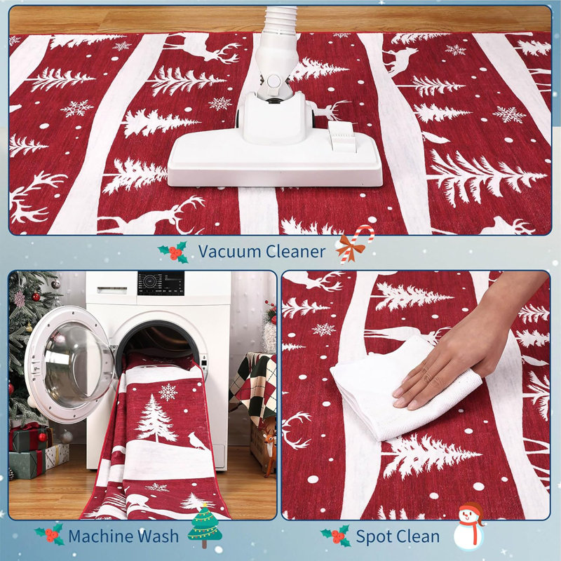 Rug, Christmas Rugs with Xmas Tree Reindeer Snowflake for Holiday Decor, Non Slip Low Pile Washable Rug for Kitchen, Entryway, Living Room, Bedroom, Red