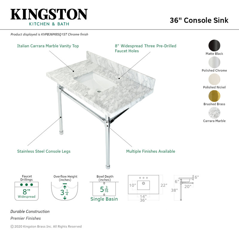 Kingston Brass Dreyfuss 36-Inch Carrara Marble Vanity Top with Stainless Steel Legs (8-Inch, 3-Hole)