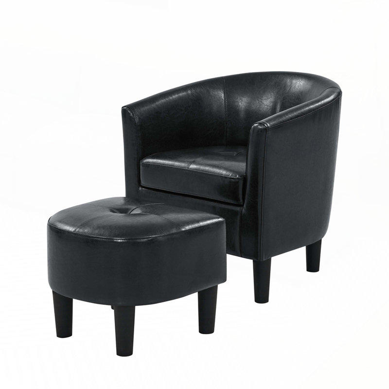 Aldayshein Upholstered Barrel Chair with Ottoman, Black Tufted PU Leather