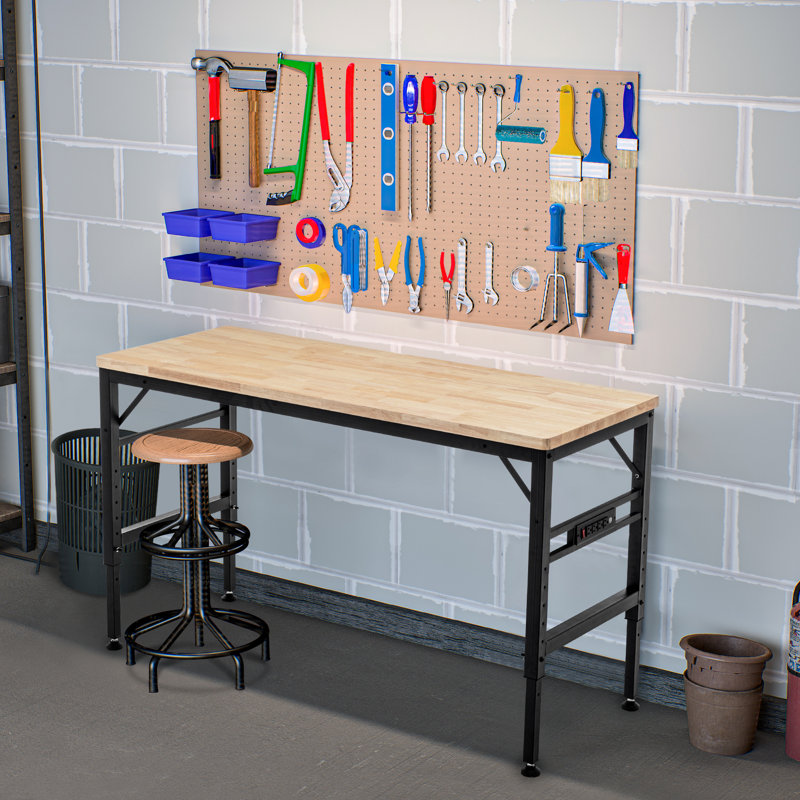 Workbench With 60" Rubber Wood Top - Adjustable Height 2000 Lbs Load Capacity For Shop And Office Power Outlets Garage Home Areas