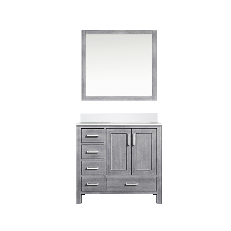 36 In. W Distressed Grey Vanity For Bathroom With 22 Depth, White Quartz Surface, 34 Mirrors, Soft - Closing Functionality Bath D, Right Offset Top, Quality