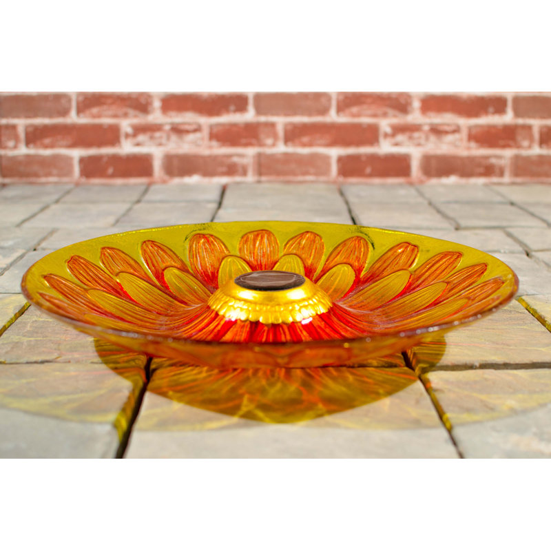 Solar Floral Glass Bird Bath with Metal Stand