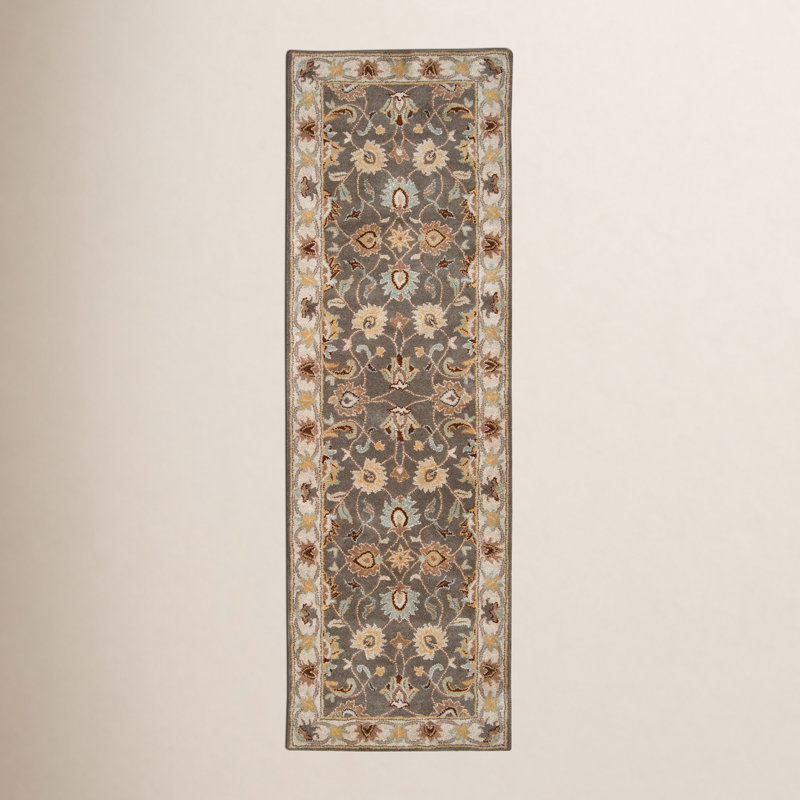Tapis floral gris anthracite / beige clair / jaune en laine touffetée fabriqué à la main Arden, Tapis de couloir 3 pi x 12 pi