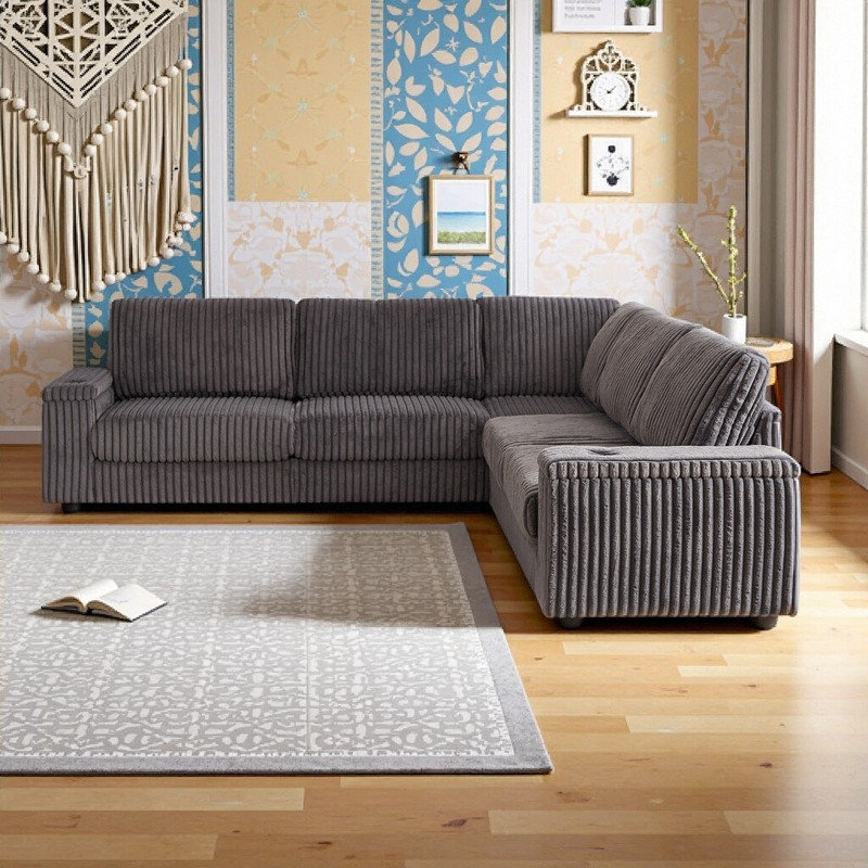 Canapé modulaire en L surdimensionné en L 110 po avec rangement et commodités modernes, Velours côtelé gris