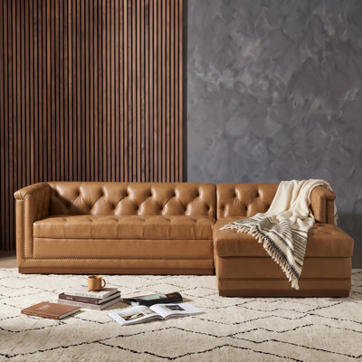 Canapé d'angle Patrick en forme de L, 264 cm de large, en cuir véritable et bois massif capitonné