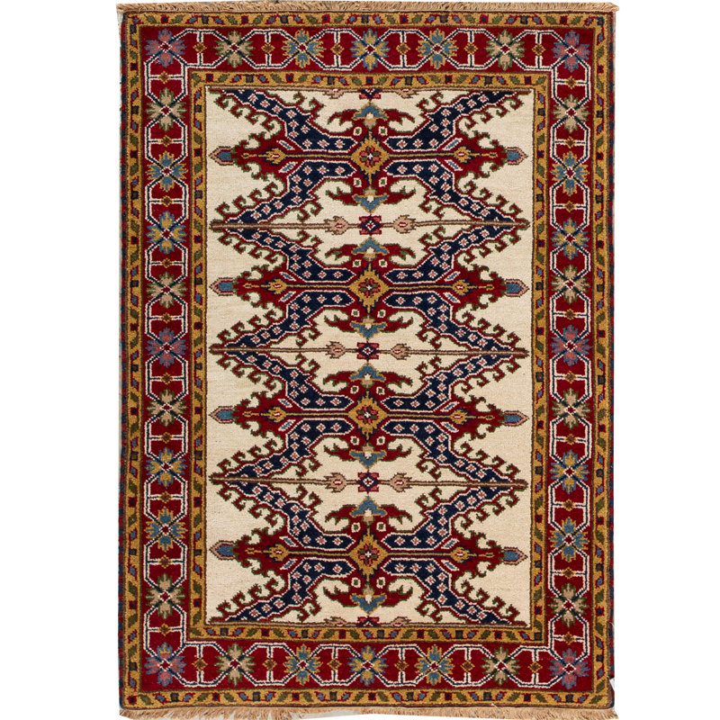 Tapis crème et rouge noué à la main de haute qualité