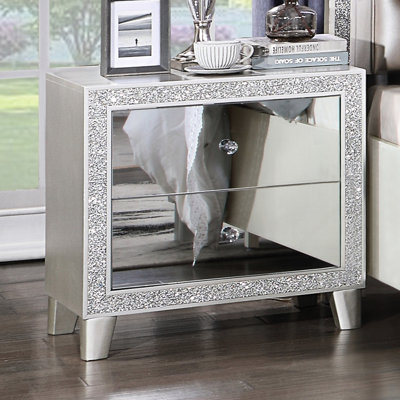 Table de chevet élégante pour chambre à coucher, 2 tiroirs, façade miroir, finition champagne, en bois, 66 cm (l) x 43 cm (p) x 66 cm (h), montage rapide. Table de chevet moderne, ensemble requis.