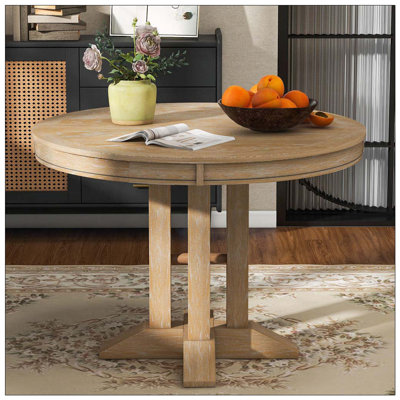 Farmhouse Extendable Round Dining Table – Oak Veneer & X-Shaped Base (Natural Wood Wash)