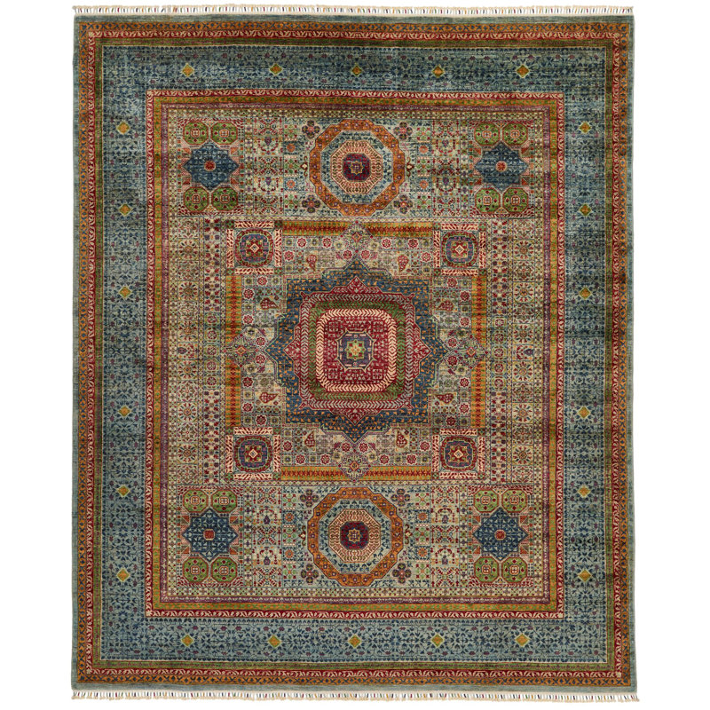 Tapis tribal turc 8 x 10 gris et bleu clair