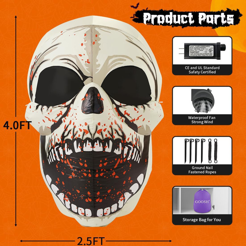 Halloween Inflatable 4 Ft Scary Halloween Inflatables Skull Outdoor Decorations Colorful Dimming Skull With Built-in Magic Leds