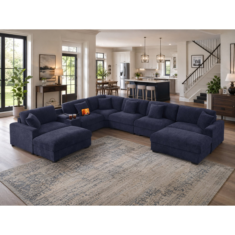 Canapé modulaire surdimensionné en chenille surdimensionné avec deux grands repose-pieds, Chenille bleu foncé