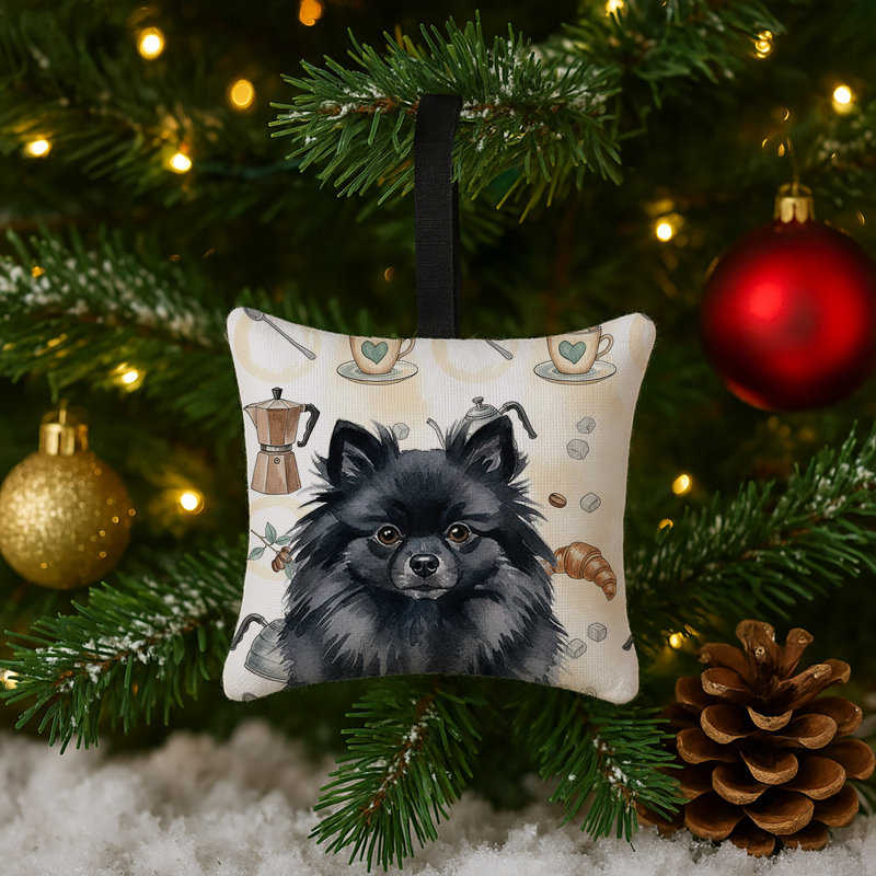 Ornement suspendu en tissu noir Pomeranian Coffee, Poméranien noir