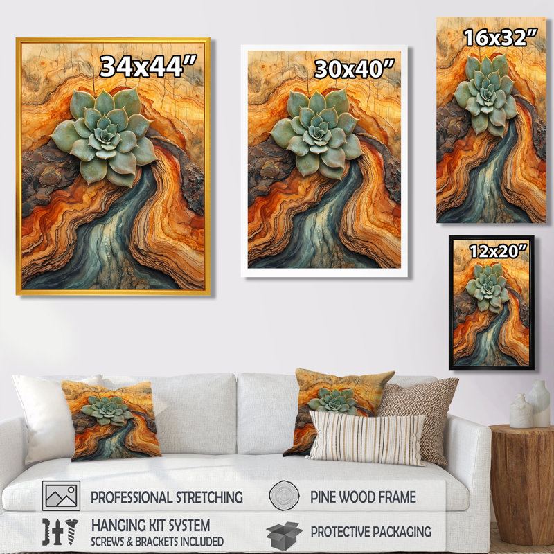 Humberwood Succulent On A Top Of Wooden Slide River III - Succulents Wall Art, Brown, Floater Framed Print, 44" H x 34" W