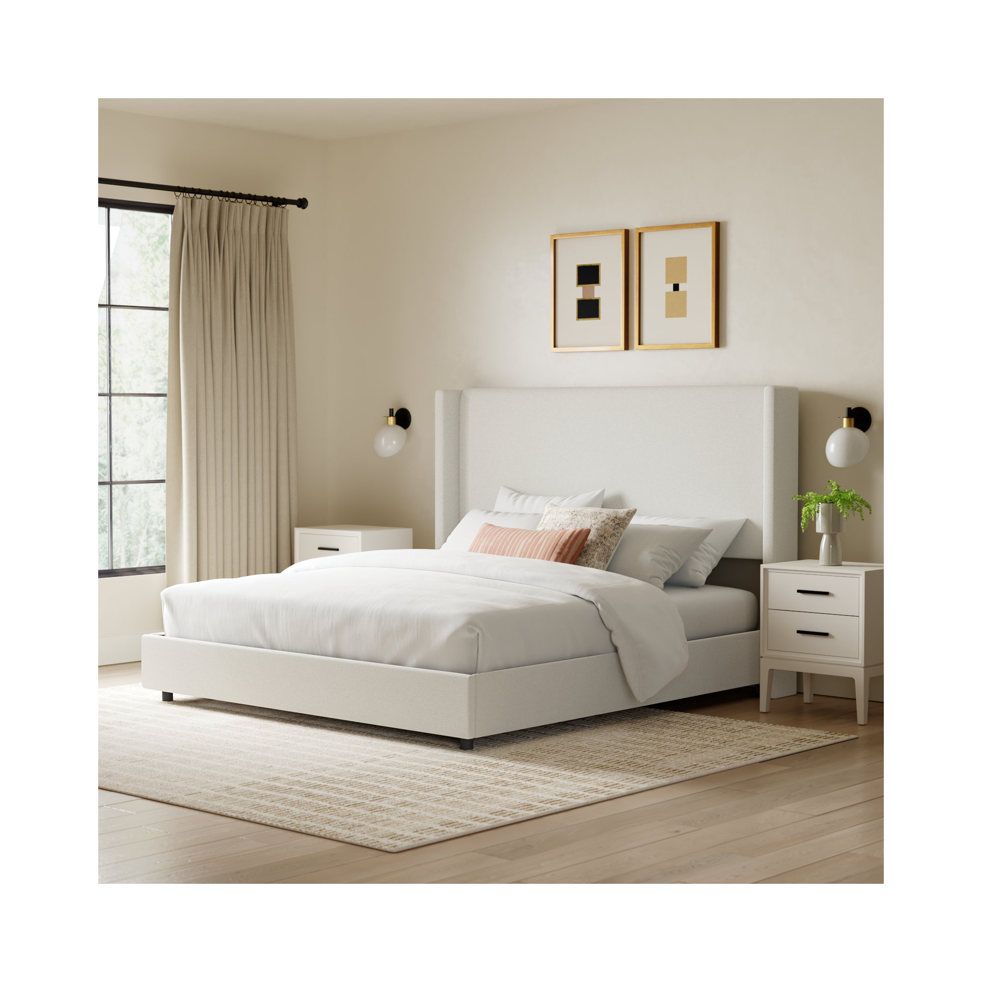 Hanson Upholstered Wingback Bed, California King, Zuma White Textured Linen