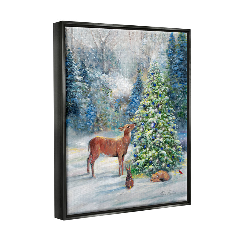 «Winter Woodland Animals Tree» par Ruane Manning, peinture, H 21 po x l 17 po x P 1,7 po, Cadre flottant noir de jais