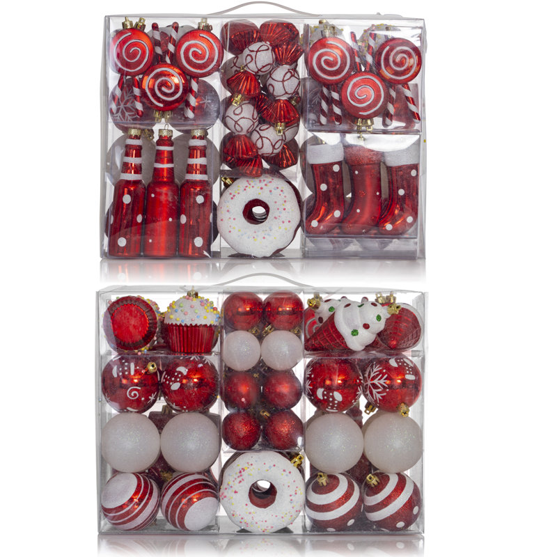 Red and White Shatterproof Plastic Christmas Ornament Set