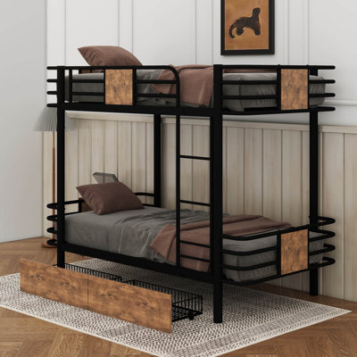 Twin XL Over Twin XL Metal Bunk Bed With MDF Board Guardrail And 2 Drawers by Mason & Marbles