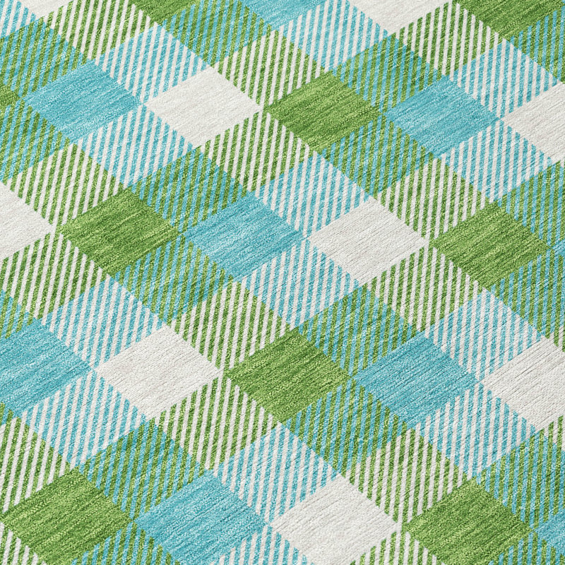 Lime and Blue Plaid Synthetic Washable Area Rug