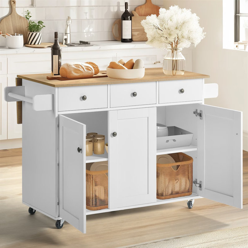 Îlot de cuisine sur roulettes de 56,6 po de largeur avec abattants, armoires et tiroirs de rangement, grand chariot à roulettes avec poignée pour porte-serviettes ou mobilité libre, îlots portatifs pour la cuisine, la salle à manger, le bar