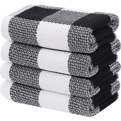 100% Cotton Waffle Weave Check Plaid Kitchen Towels, 13 X 28 Inches, Super Soft And Absorbent Dish Towels For Drying Dishes, 4-Pack, Black