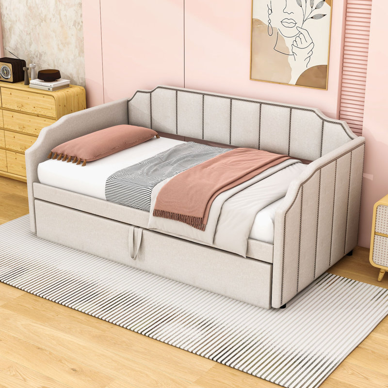 CanapÃ©-lit double rembourrÃ© avec lit gigogne double escamotable et ports USB, Beige