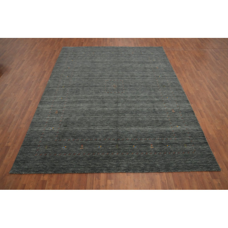Tapis gris chic de style Gabbeh 9 x 12 avec des détails multicolores délicats