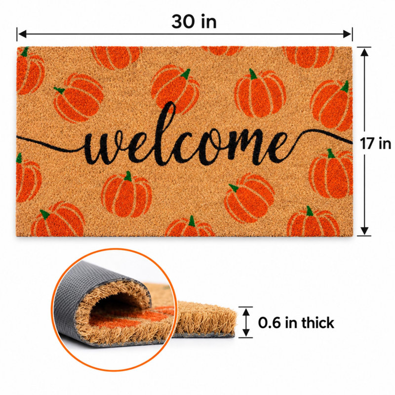 Paillasson de bienvenue en fibre de coco, motif citrouille d'automne, 76 x 43 cm