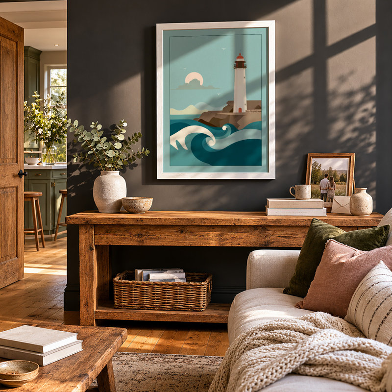 Lighthouse by Moonlight Coastal - Framed Print, A3 - 42.0 x 29.7 cm, White
