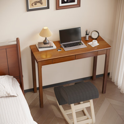 Solid Wood Desk with Drawers - 39 X 16 Inch Vintage Narrow Computer Desk, Home Office Desk, Mid Century Modern, Rubber Wood Study Table, Small Writing Desk For Bedroom|Small Spaces - Walnut Color