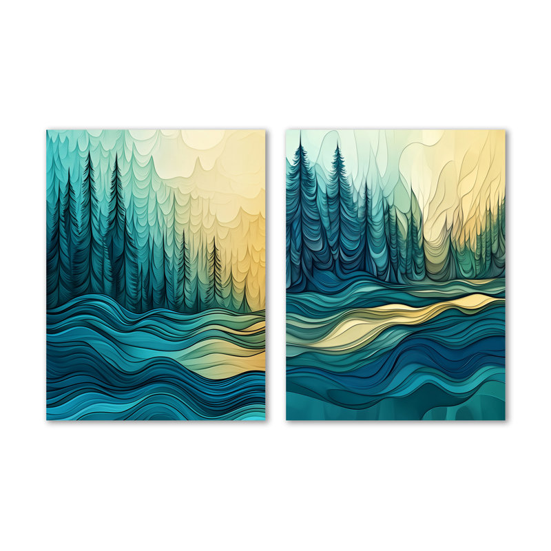 «Green Enchanted Pine Forest with Lake Ripples - Nature», reproduction de mur en métal 2 pièces, 32" H x 48" W