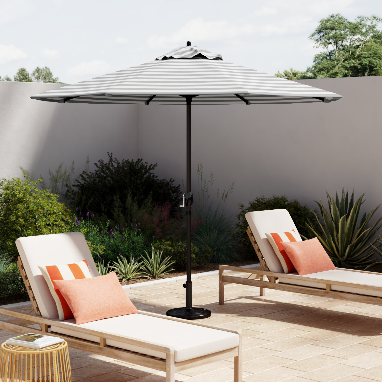 Mika 9' Umbrella, Gray White Cabana Stripe