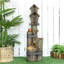 Fontaine d'extérieur avec cabane à oiseaux Outsunny, bain d'oiseaux en cascade avec tronc d'arbre rustique à 3 niveaux, lumières DEL pour porche, terrasse, décor de jardin, brun