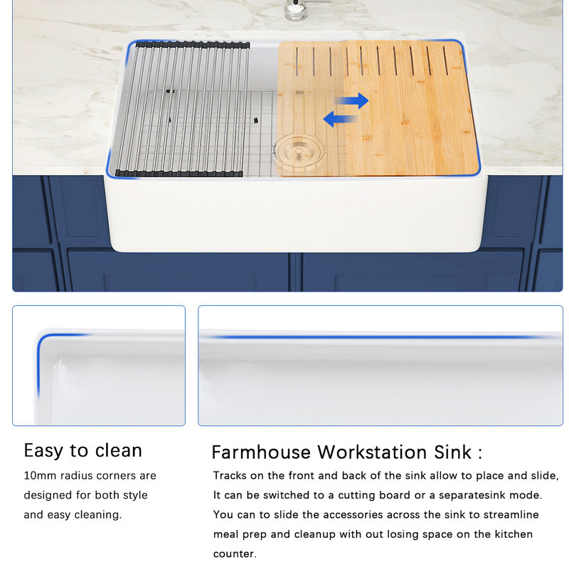 Évier de cuisine de ferme en argile réfractaire L 30 po x l 20 po avec accessoires Fireclay