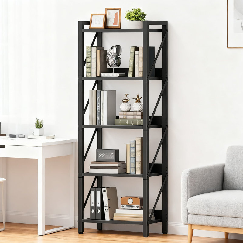 5-Tier Industrial Bookshelf With Metal Frame, Tall Bookcase Storage Organizer For Living Room, Home Office, Bedroom, And Kitchen