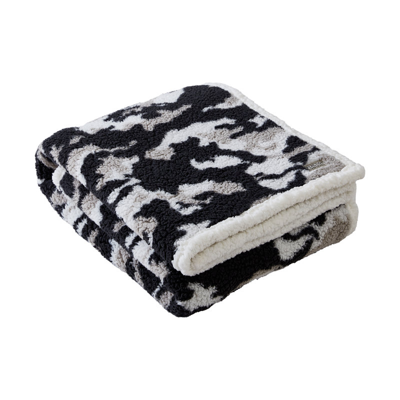 Kenneth Cole Cozy Printed Sherpa Throw Blankets, White/Black Camouflage