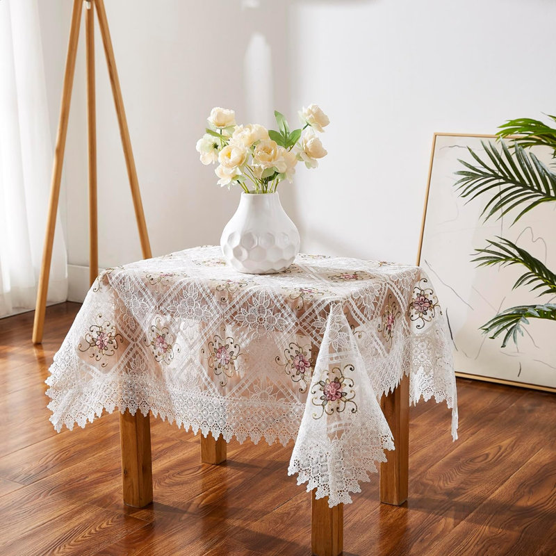 Oralie Square Floral Lace Tablecloth with Elegant Red Flower Design. Macrame Tablecloth for All Occasions, White, 60" x 84"