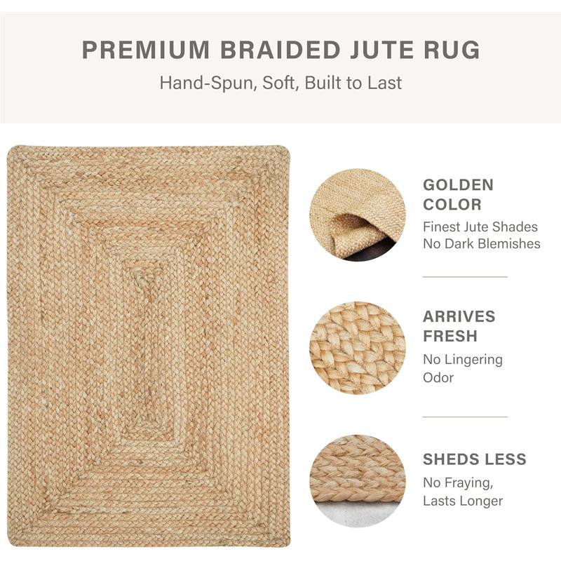 George Natural Brown Braided Jute Rug / Farmhouse Style Braided Area Rugs for Living Room, 2x3