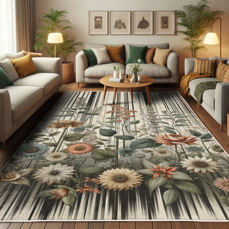Botanical Garden Pattern Blue Synthetic Area Rug 5' 1" x 7' 5"