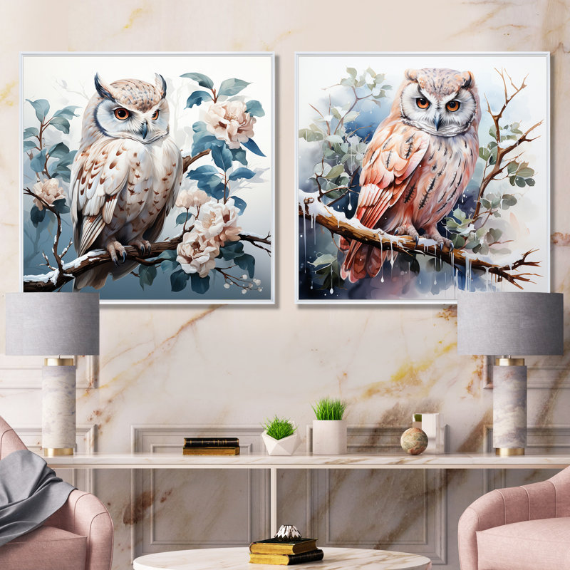 Hibou Blooms Perch I - ensemble de 2 reproductions d'art sur toile, Cadre blanc, H 36 po x l 73 po x P 1,5 po