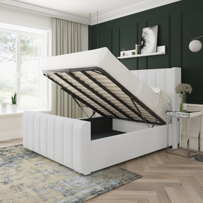 Aspen Plush Velvet Upholstered Ottoman Bed Frame, Double (4'6), White