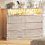 Commode 6 tiroirs pour chambre à coucher avec prise de courant, commode double moderne avec lumières DEL, organisateur de commode large avec rangement ouvert pour placard de salon de chambre à coucher, chêne