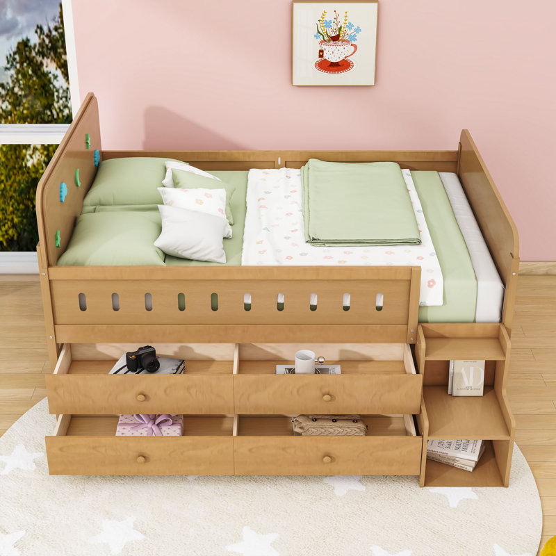 Lit en bois avec lumières DEL intégrées, 4 tiroirs de rangement et tablettes, Couleur du bois