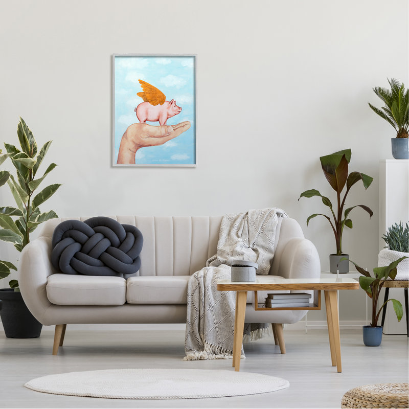 Illustration d'un cochon volant dans une aile de palmier par Coco de Paris - Peinture, H 30 po x l 24 po x P 1,5 po