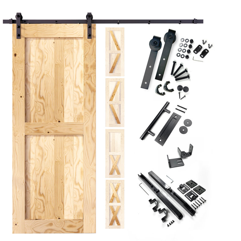 Porte de grange 80 po en bois massif non fini avec trousse de quincaillerie d'installation, 34 po x 80 po