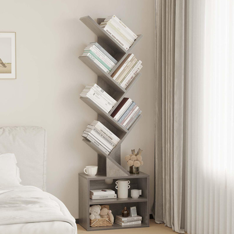 Bibliothèque à 6 niveaux avec armoire de rangement et bibliothèque étroite pour petits espaces, Grey