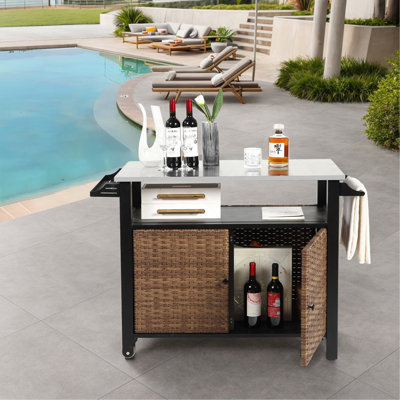 Îlot de cuisine extérieur, chariot roulant et armoire de rangement, roues et plateau en acier inoxydable, poignée latérale pour chariot de cuisine ou de bar, brun