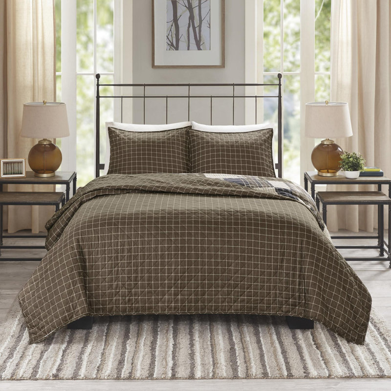 Ensemble de courtepointe en microfibre 3 pièces, Noir / brun, Couvre-lit pour très grand lit + 2 taies décorat