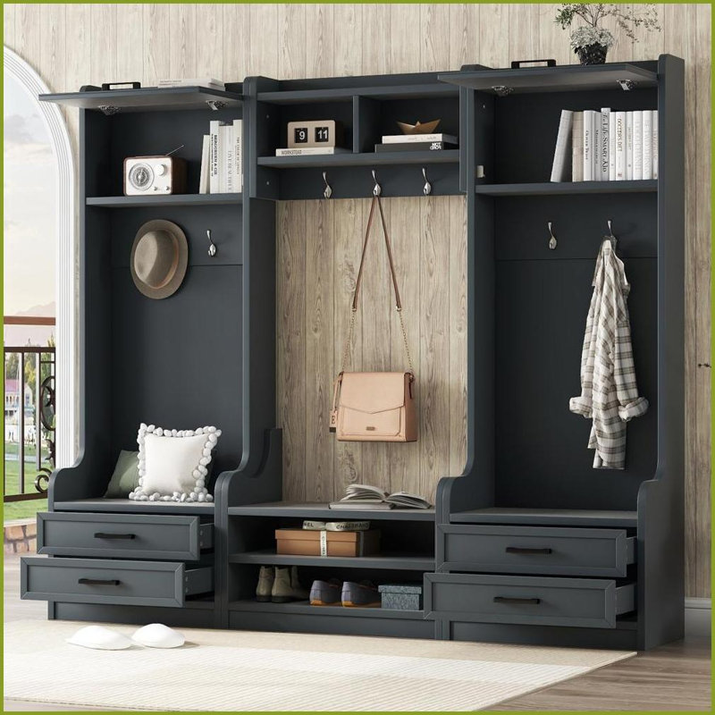 Hall Tree 4-in-1 Detachable with Storage Cabinets, Drawers &amp; 7 Hooks | Antique Blue | Particle Board+MDF, Antique Blue