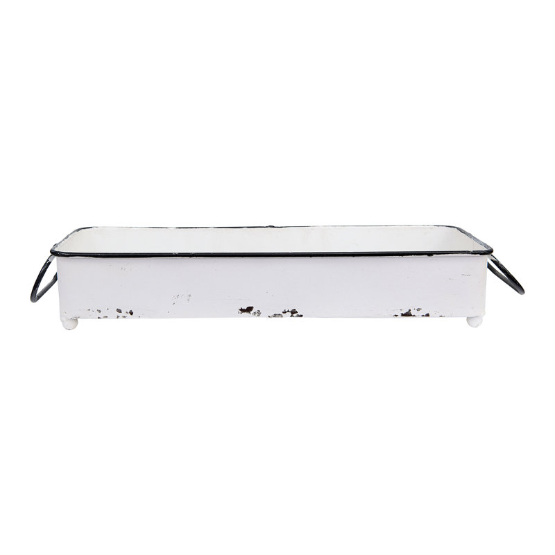 Baylie Decorative Metal Tray with 2 Handles and Distressed Finish, White